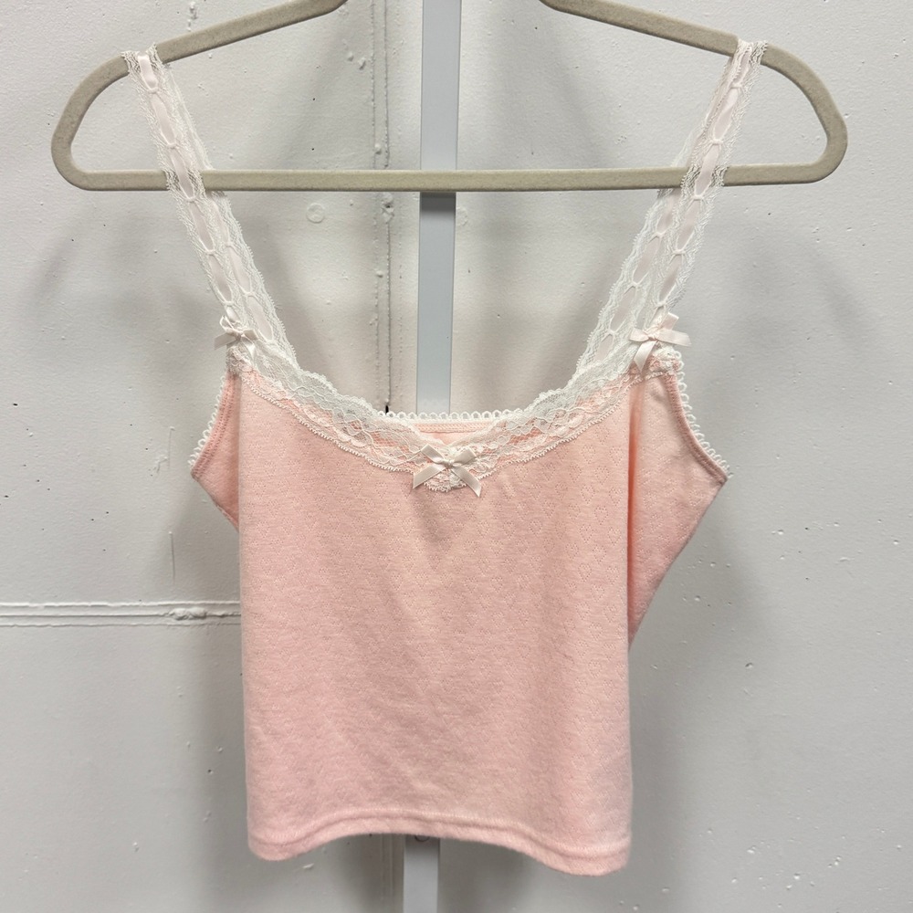 Edikted Pink Pointelle Lace Trim Cami Top Coquette Bow Detail Cropped Tank Small